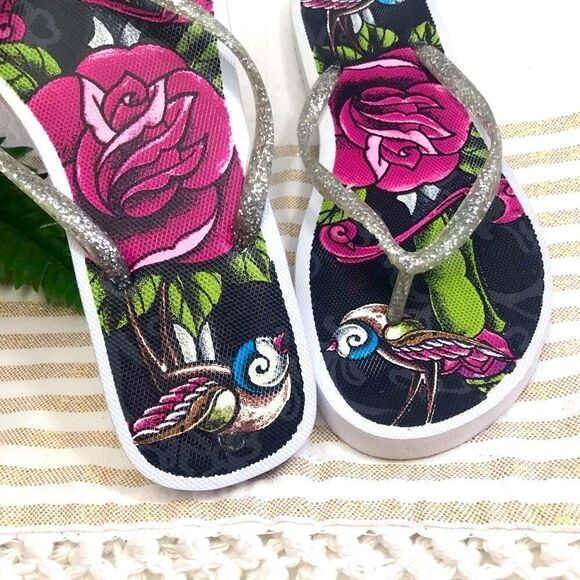 LA Ink Rose and Bird Flip Flops - Picture 6 of 11
